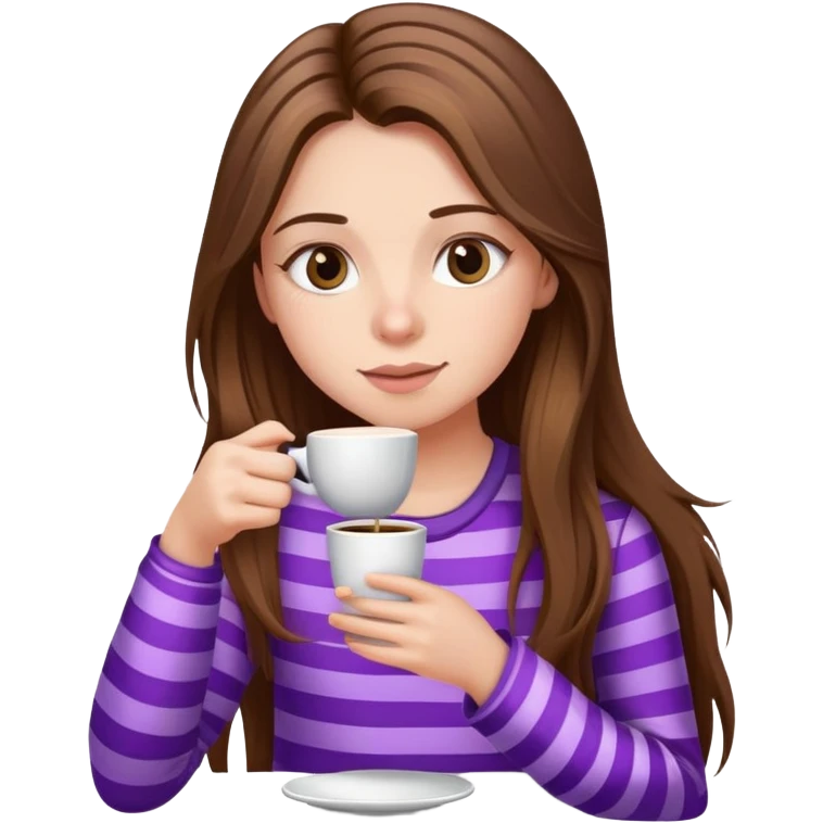girl with long brown hair sipping coffee in purple striped pajamas emoji