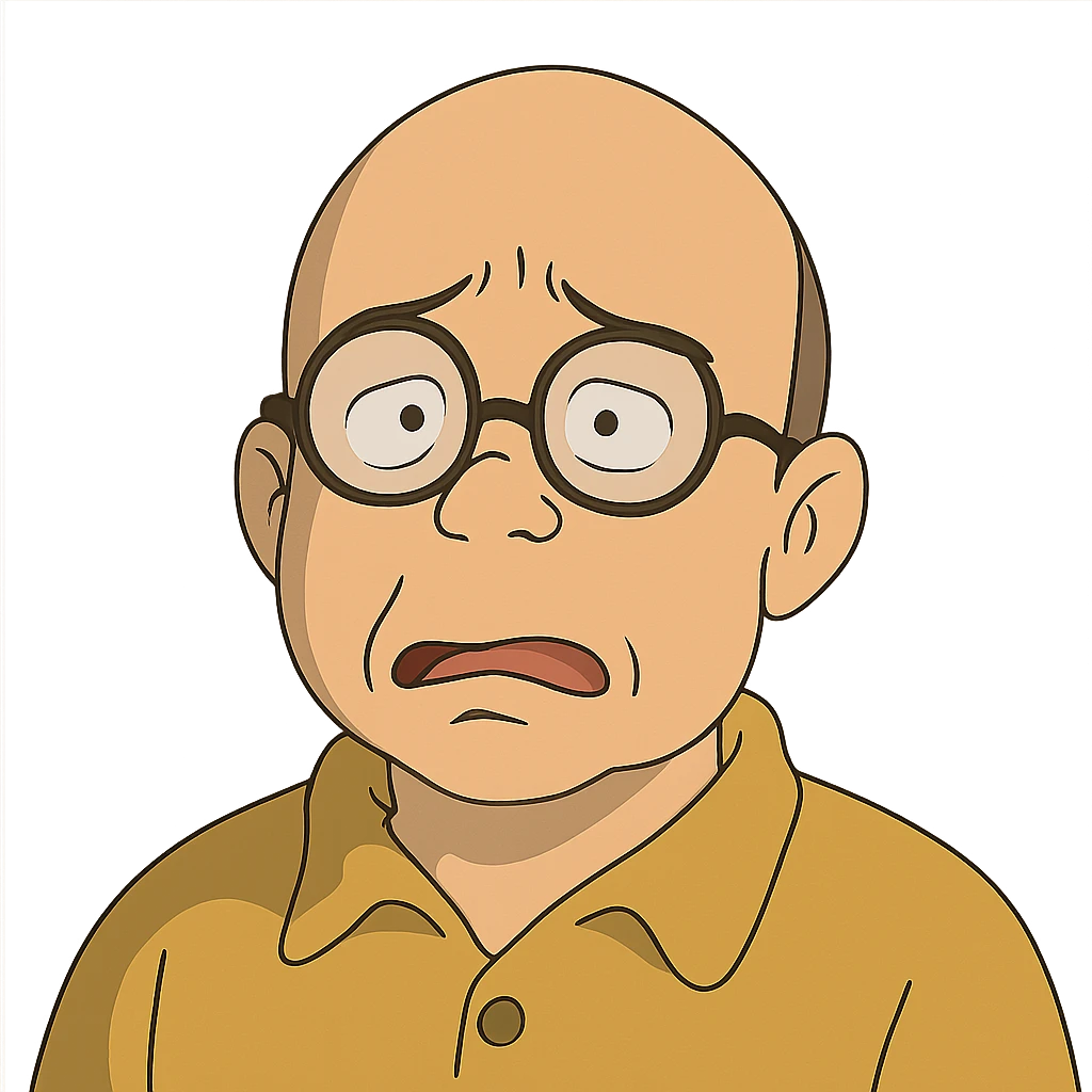 ghibli style bald guy with glasses, looking dumb emoji