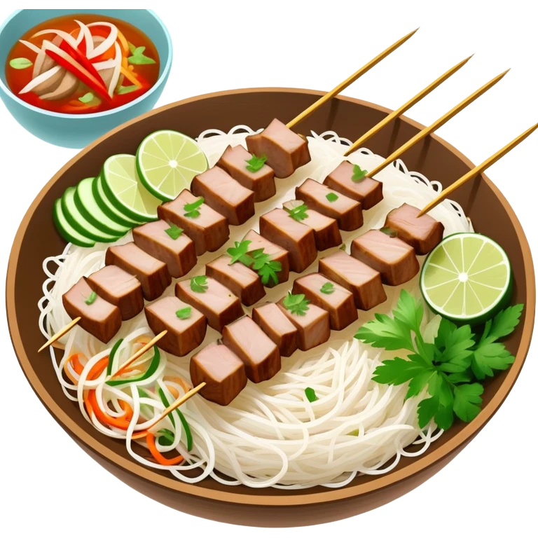 Vietnamese Bún Thịt Nướng with meat specifically grilled on skewers, alongside a bowl of rice vermicelli noodles, herbs and vegetables emoji