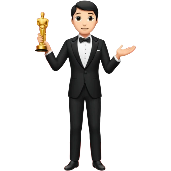 an actor standing on a red carpet with a formal tuxedo, with an oscar in his hand emoji