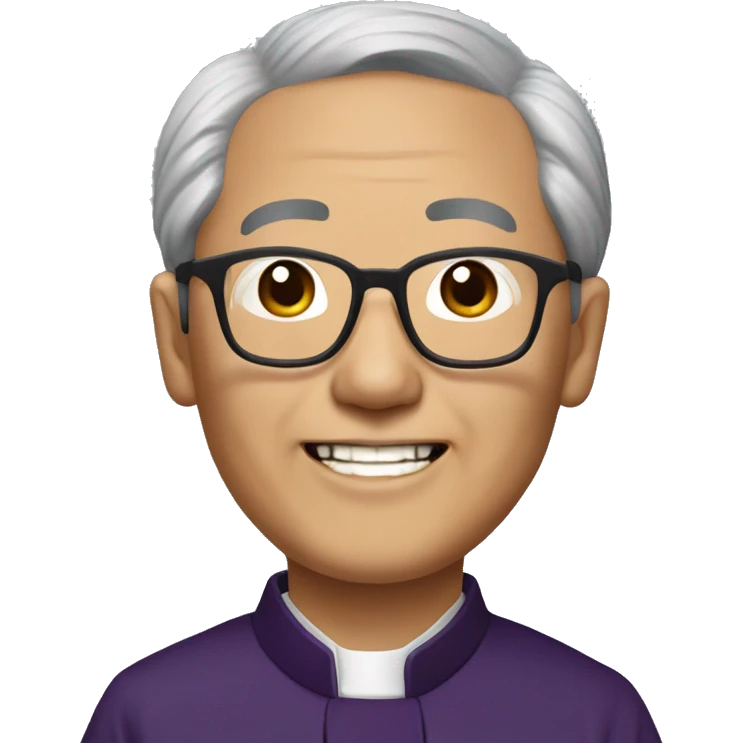 older hmong catholic priest with wrinkles with black hair, smiling with teeth and glasses, no beard or mustache emoji