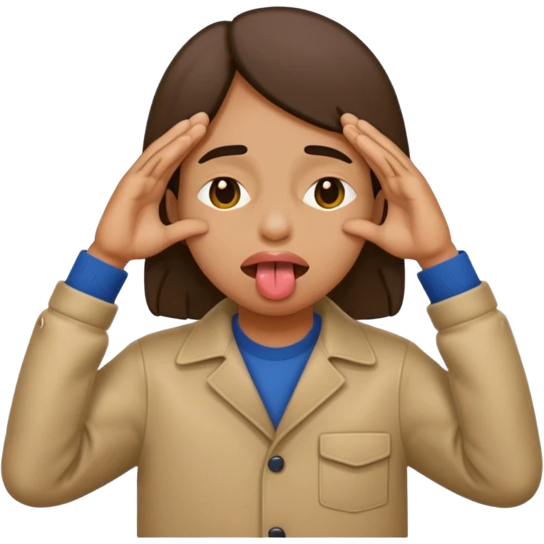 fait un emoji qui se cache les yeux avec ces main et qui tire la langue sur le côté emoji