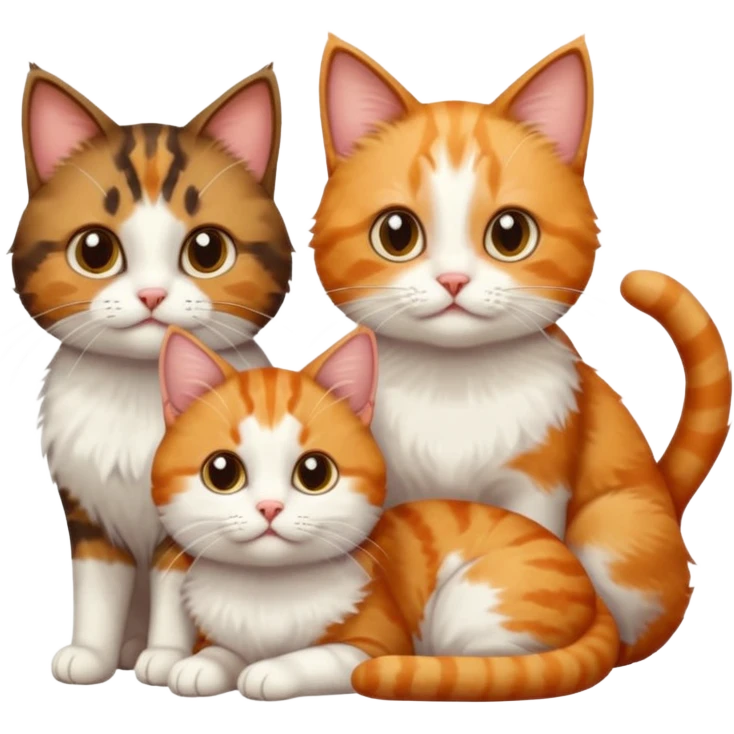3 different coloured small cats including a dark brown tabby and white, and a patchy calico, and a ginger and white emoji