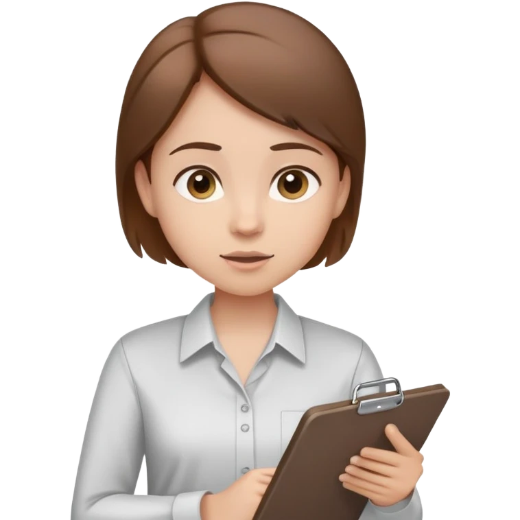 Intern or volunteer with brown hair holding a clipboard and pencil, ready to take notes or assist. The character wears a simple shirt and has an eager posture emoji