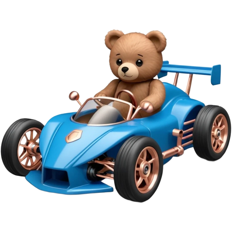 dar crystal blue and rosegold-accented rc racing car driven by a small evil scary teddy bear with rear spoiler, safety cage, and wheely bar emoji