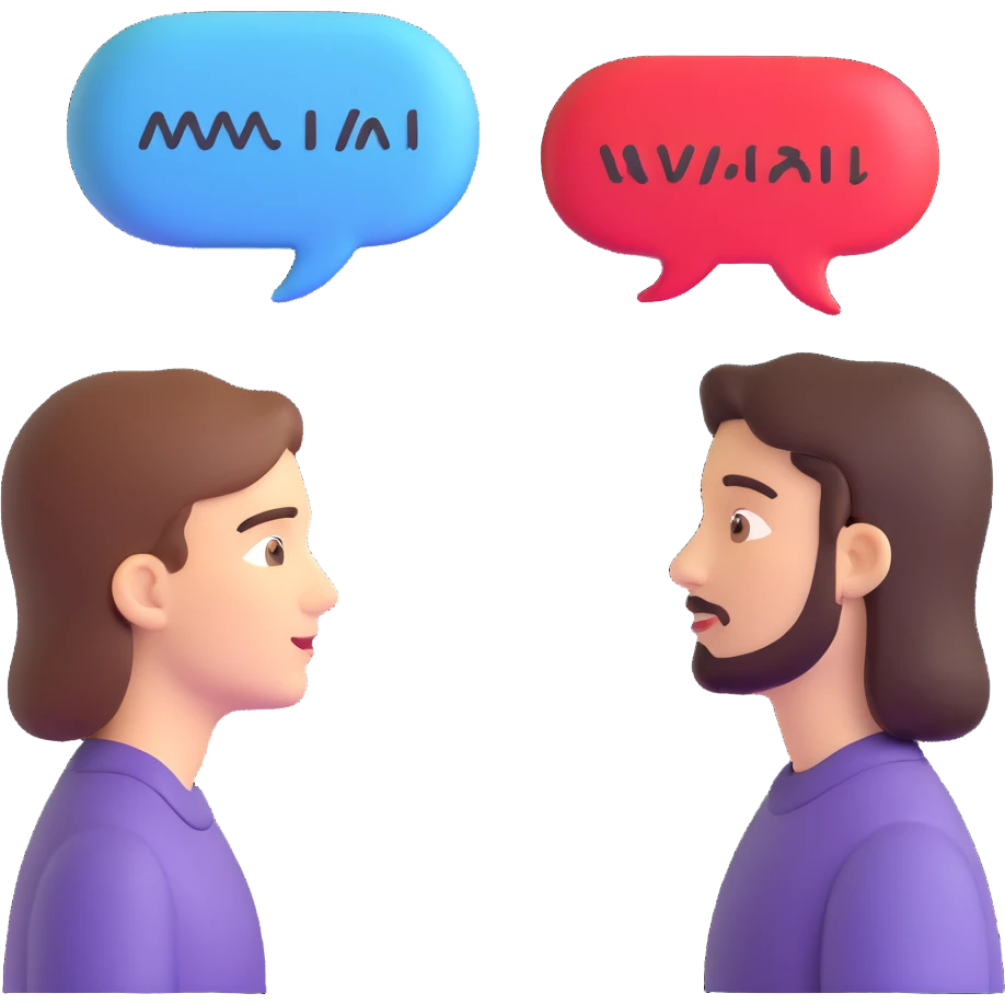 two people facing each other, speech bubbles with different scripts, e.g., Latin and Arabic emoji