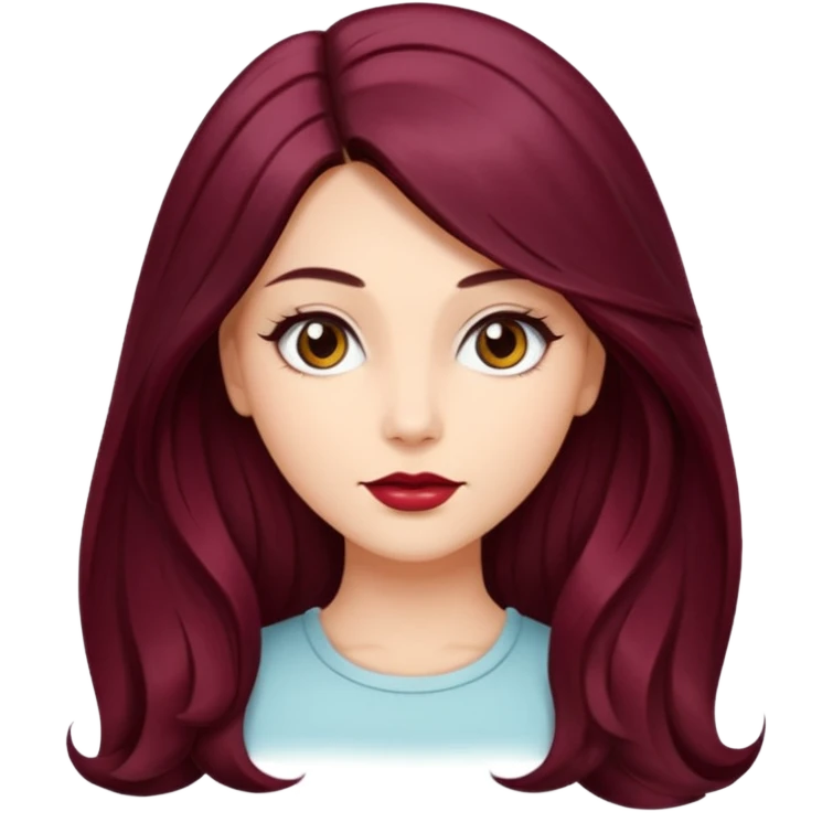 young glamorous woman 
Long waist-long hair
hair parted in the centre of her face
slightly wavy
dark burgundy hair 
 emoji