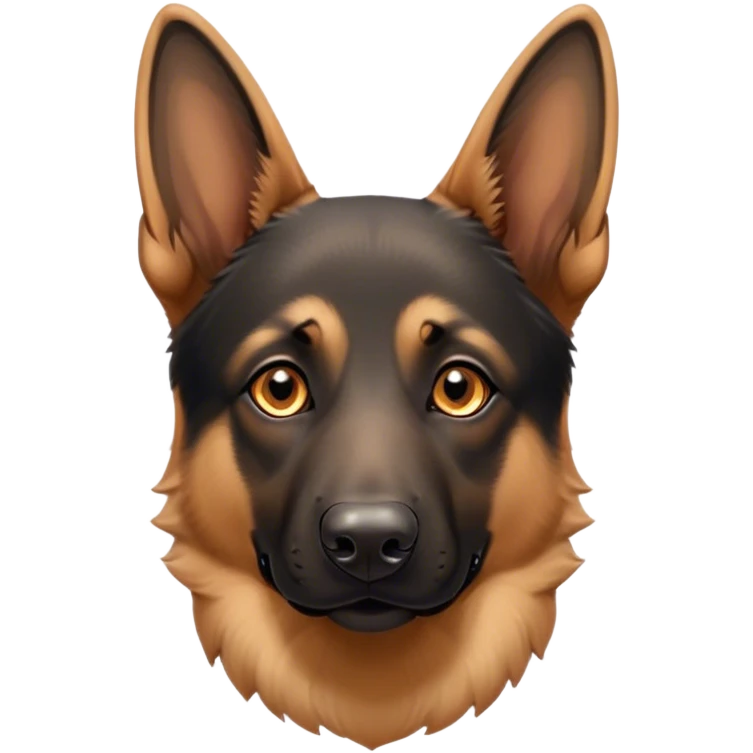 Cinematic Cute Tan/Black German Shepherd Portrait Emoji, Head tilted playfully and inquisitively, showcasing a smooth tan coat with distinctive black markings and piercing brown eyes filled with curiosity, Simplified yet irresistibly adorable features, highly detailed, glowing with a warm, friendly glow, high shine, affectionate and alert, stylized with a touch of whimsy, bright and endearing, soft glowing outline, capturing the essence of a mischievous yet loving guardian, so playful it feels like it could bound out of the screen and into your arms! emoji