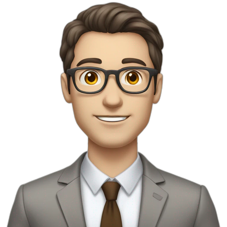 Pale skinned fit man with dark brown hair in gray jacket, beige office shirt, brown tie, brown pants and vintage glasses Writing on the flipchart emoji