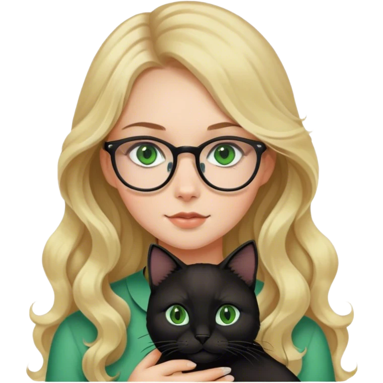 Girl with glasses and long wavy blonde hair and green eyes holding a black cat emoji