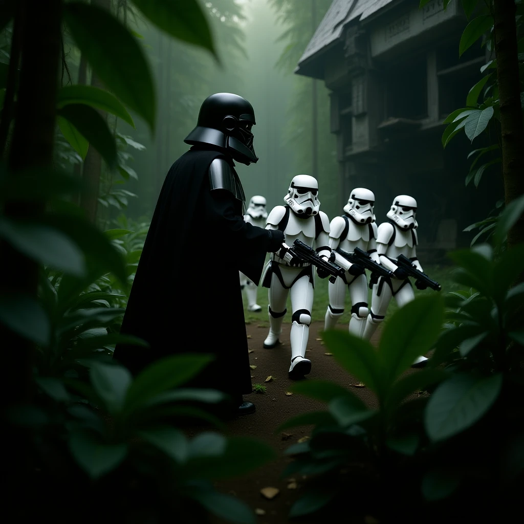 cinematic still, Closeup shot, amazon jungle,  blurred plants in the foreground (frame within a frame), Darth Vader around stormtroopers coming out from starship on ground, they are exploring the jungle, inspired by StarWars movie, captured by arri alexa emoji