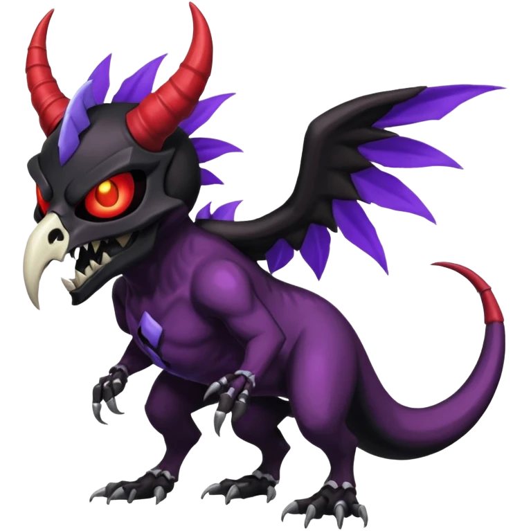 Shiny Dark Edgy  Duskull-Noivern-Incineroar-Salandit-Inteleon-Amaura-Fakémon-hybrid-creature (full body) with a horned bird-skull-mask emoji