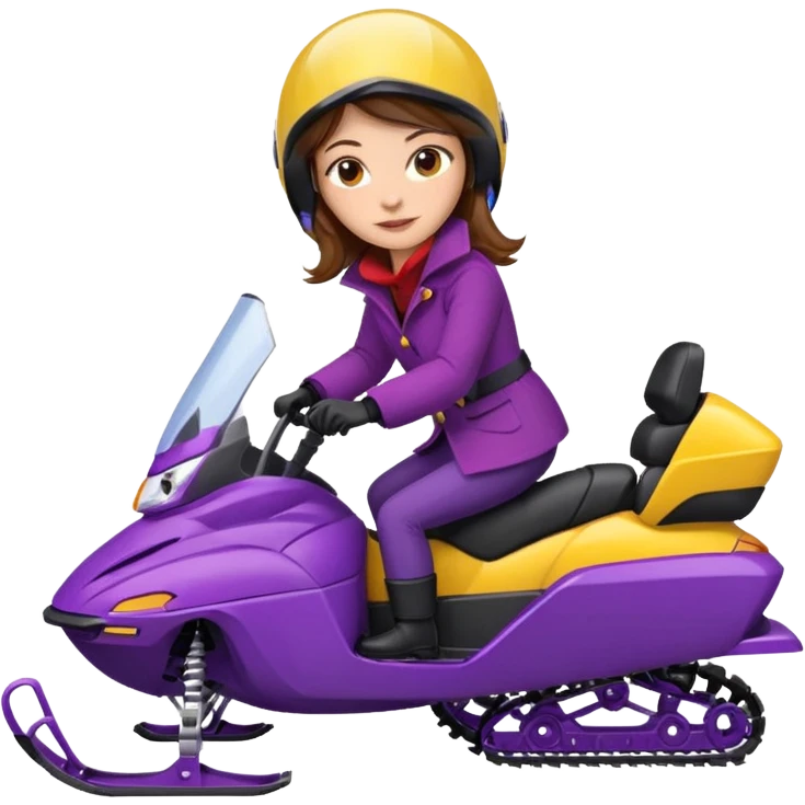 Brown hair Woman wearing red coat  on purple and yellow snowmobile emoji