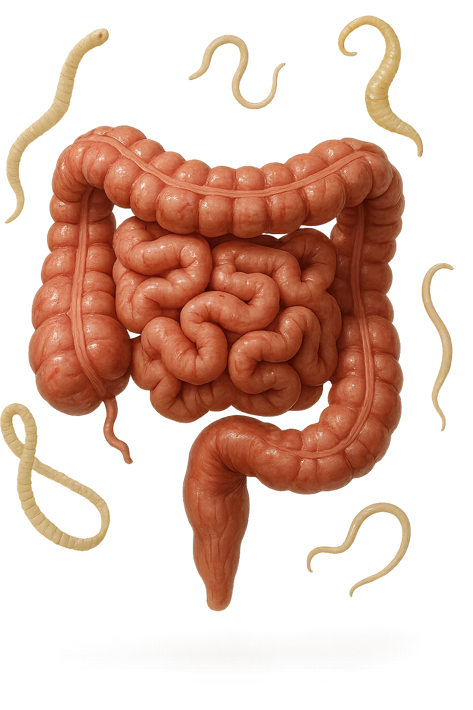 INTESTINO UMANO ANATOMICO REALISTICO FLUTTUA IN ARIA INSIEME A PARASSITI COME LA TENIA, SFONDO CHIARO, iperrealistico 4k emoji