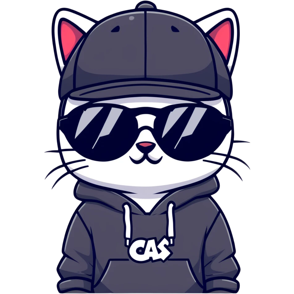 cat wearing a black snapback cap and black hoodie, with black sunglasses positioned low on his nose, looking directly at the viewer over the top of his sunglasses with a cool expression, doing graffiti with spray paint emoji