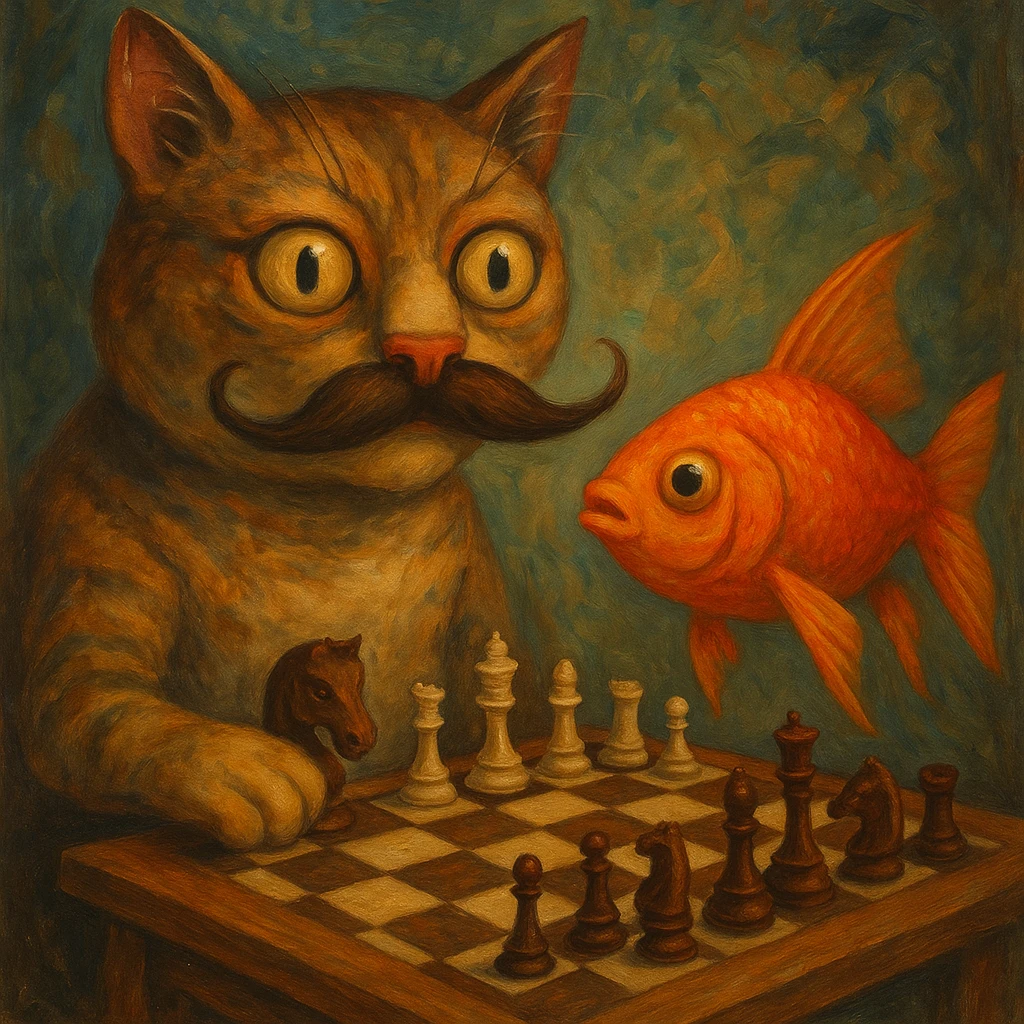 absurd surreal style cat with a human mustache playing chess with a goldfish emoji