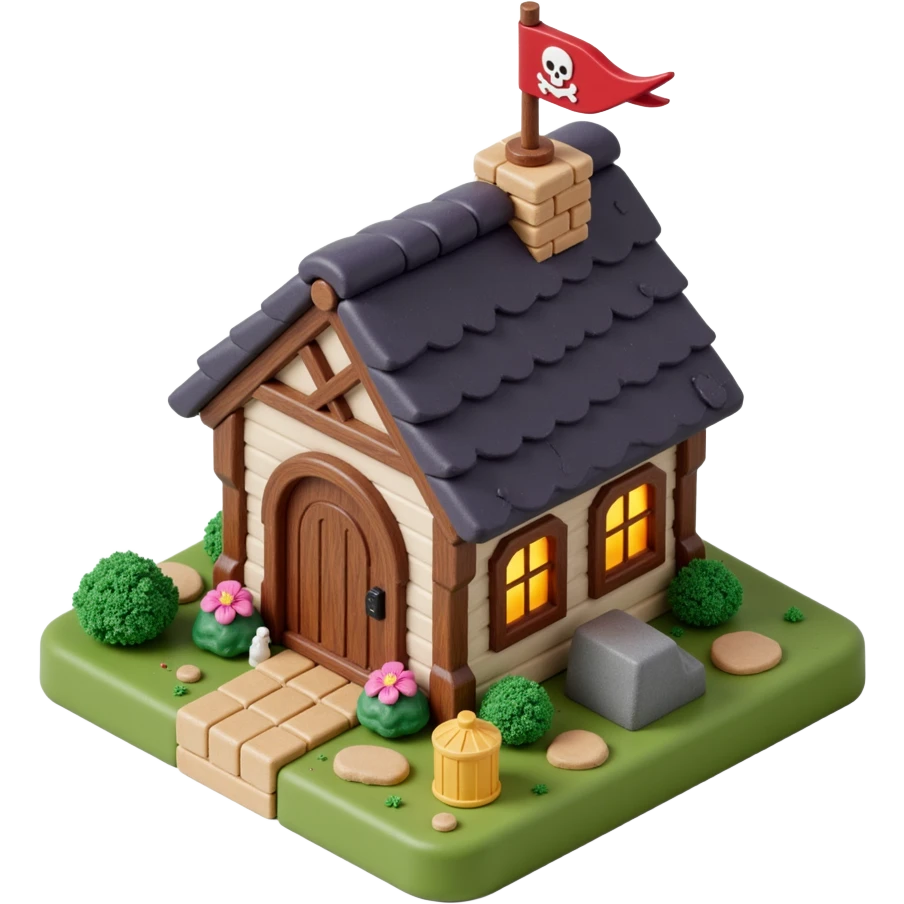 old pirate's house with skull flag emoji