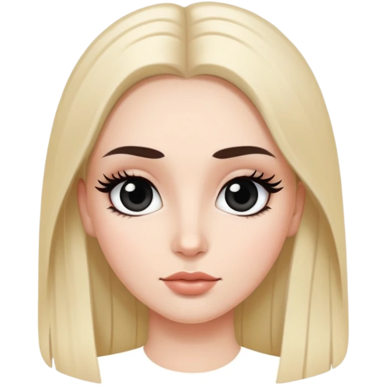 White girl with long oval face, huge round black eyes, big eyelashes, no makeup, natural lips, long straight black middle-parted hair emoji