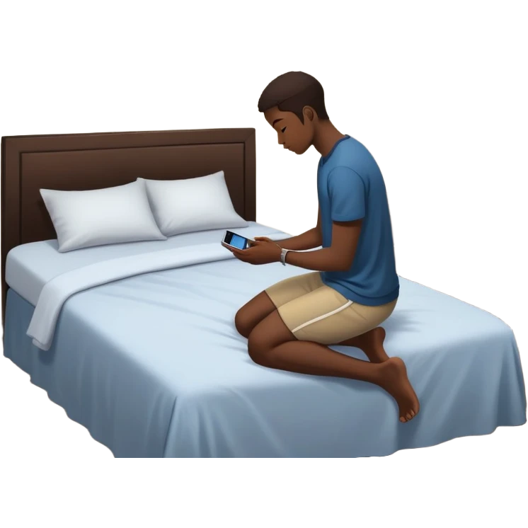 A Gen Z young person kneeling beside bed in bedroom at night praying, smartphone on nightstand, wearing casual clothes, dim lighting, posters on wall emoji