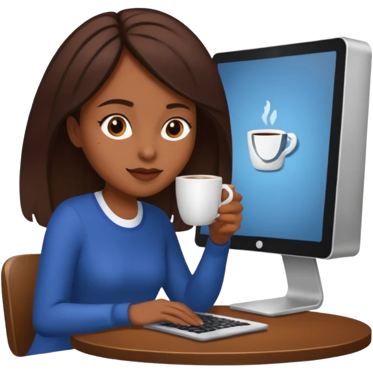 mujer tomando cafe y con un computador sentada en una mesa  emoji