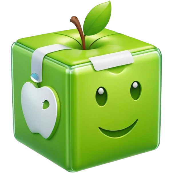 large cube-shaped box wrapped in bright green plastic with white labels, apple style emoji, inspired by reference photo emoji