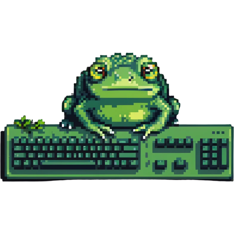 Pepe the frog meme character coding on computer, green frog with sad eyes typing on keyboard emoji