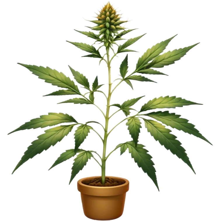 small cannabis plant at late harvest stage, modestly sized, uneven growth structure, thin branches supporting medium size female buds, leaves showing natural discoloration in shades of green and yellow, clearly visible trichomes with amber hues, resin-coated buds ready for harvest emoji