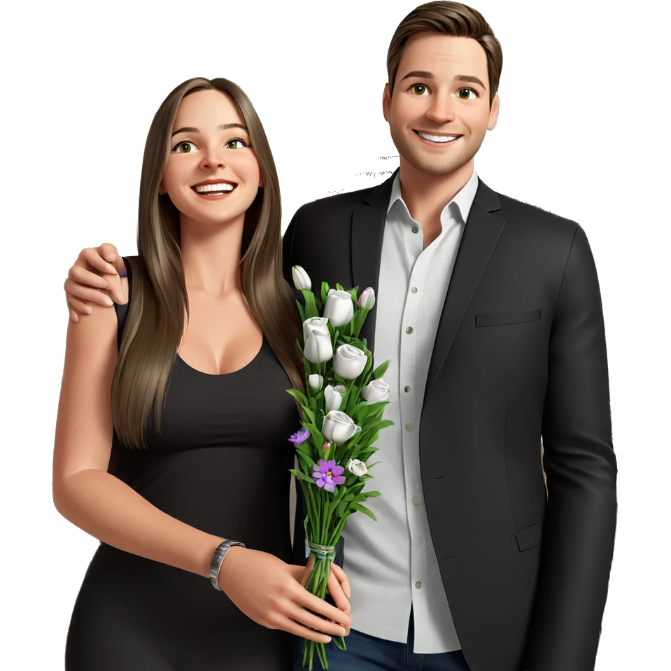 smiling couple indoors with flowers emoji