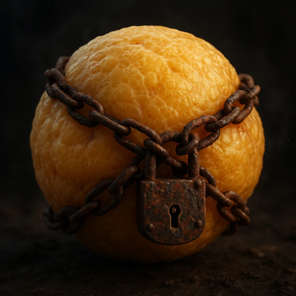 adipocyte with rusty chains and padlock, hyper realistic 4K, cellular details, dramatic atmosphere emoji
