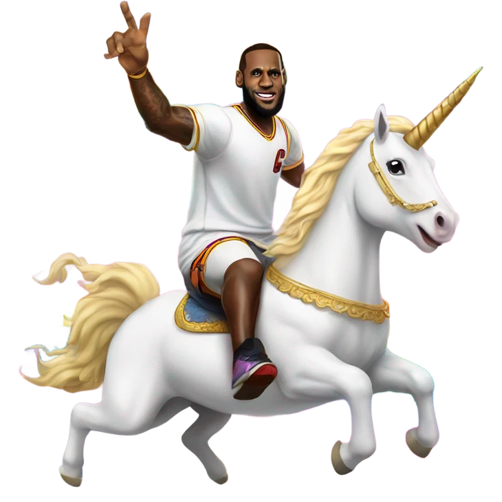 lebron james riding a unicorn over a rainbow emoji