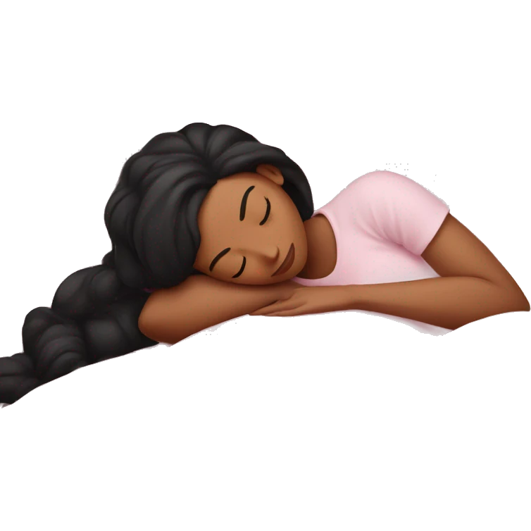 Sleeping woman laying with light brown skin and black hair laying on white pillow pink covers cozy emoji