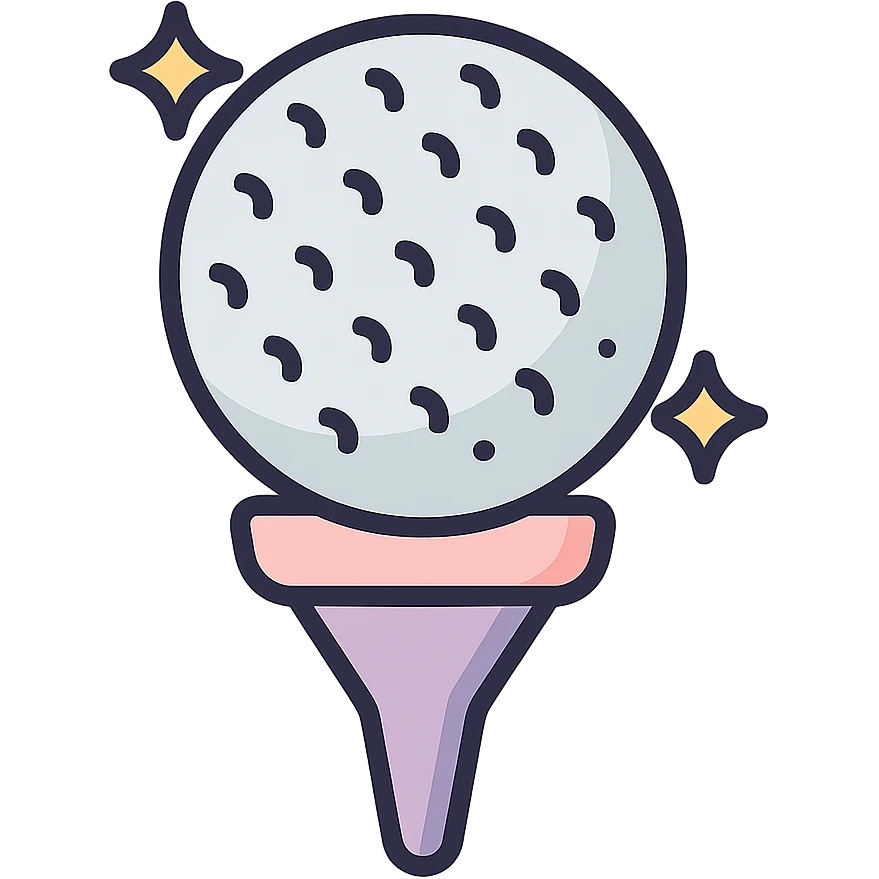 golf ball on a tee stand with subtle sparkle effect, icon-color-outlined style, detailed shading, thin clean outlines, soft rounded features, pastel palette #98B5BC #B5B3C1 #C9A3C9 #E4C0CA #F7DCD1 #F7C0AA, Japanese pop art, sticker look, highly detailed, vector clarity, soft lighting, subtle shadows, transparent background emoji