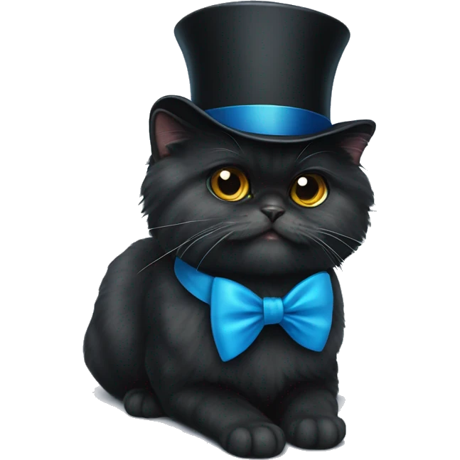 a black persian cat with a tophat and blue bow tie emoji