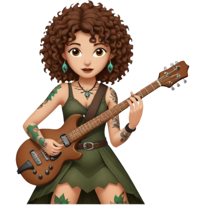 Brown eyes, brown hair curly forest witch playing electric guitar sexual with tattoos...white ethnicity  emoji