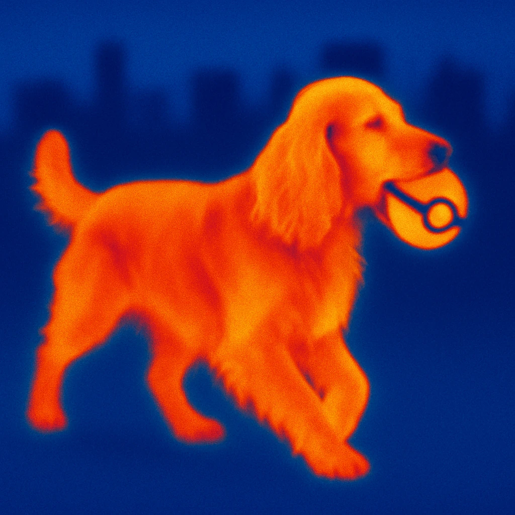 Russian Cocker Spaniel playing with a Poké Ball in its mouth with a city background emoji