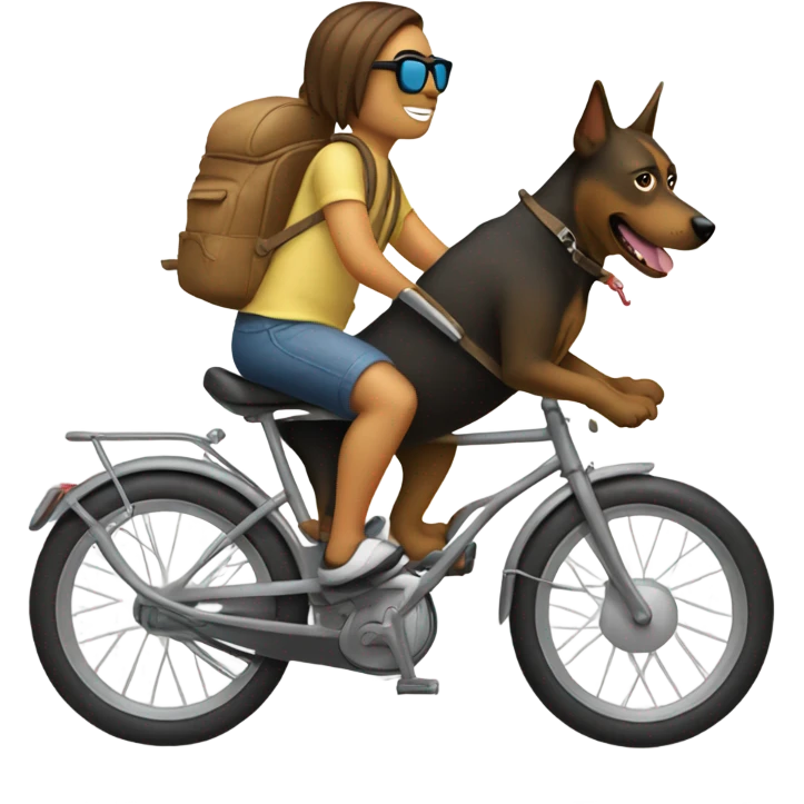 Human riding a bike with a backpack. Put the dog in the humans backpack. There’s a dog in the backpack and it is wearing sunglasses  emoji