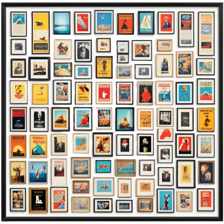 Icon for Photograph and Poster Collecting: a collection of photographs and movie posters, neatly displayed on a wall or in frames. The icon should evoke the nostalgia and artistic value of collecting rare images and posters. Transparent background. emoji