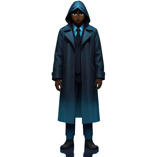 Movie Poster: A tense, gripping design with dramatic lighting. Shadows loom, and ominous shapes emerge from the mist. Suspenseful and cinematic atmosphere.  Include a mysterious figure in a dark coat standing in a rain-soaked alley, with glowing neon signs in the background. Transparent background. emoji