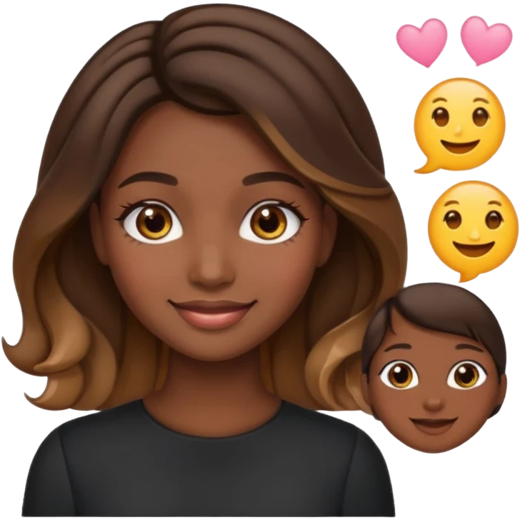 young woman, dark skin, straight brunette hair with caramel balayage, brown eyes, curled lashes, blush, emoji style emoji