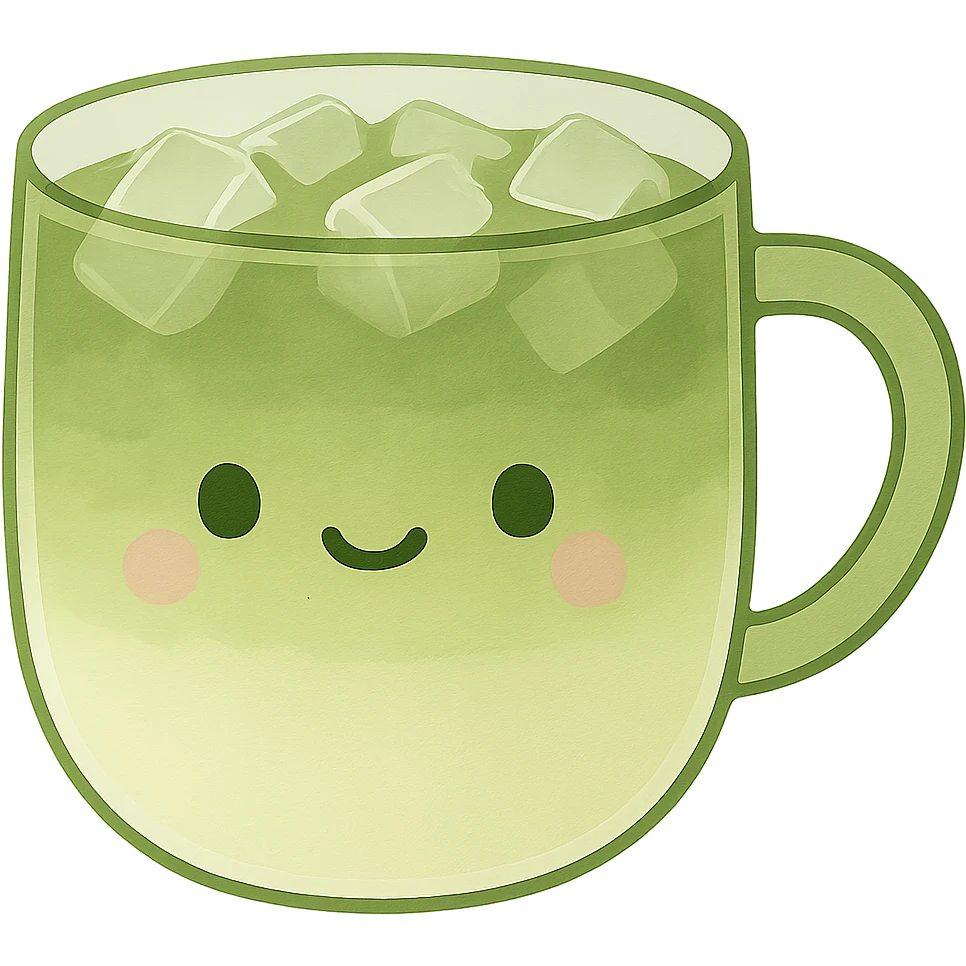 Add ice cubes to the cute matcha latte in the see-through cup, keep the gentle green and milk gradient, minimal and modern style, no background. Maintain the minimal and modern aesthetic with a smooth gradient and transparent cup. emoji
