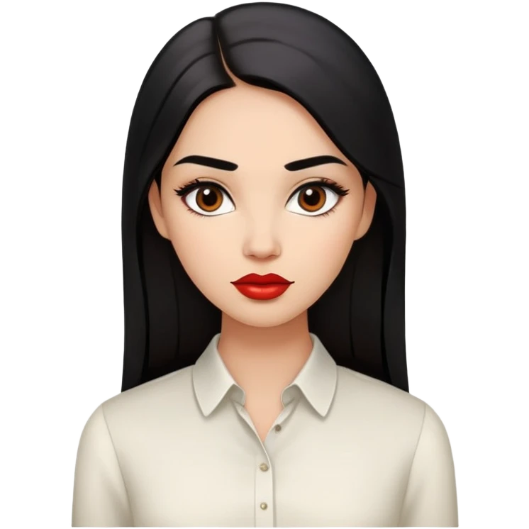 Young woman with oval face, high cheekbones, dark brown eyes, thick eyebrows, red lipstick, light brown skin, long straight black hair, wearing a white blouse emoji