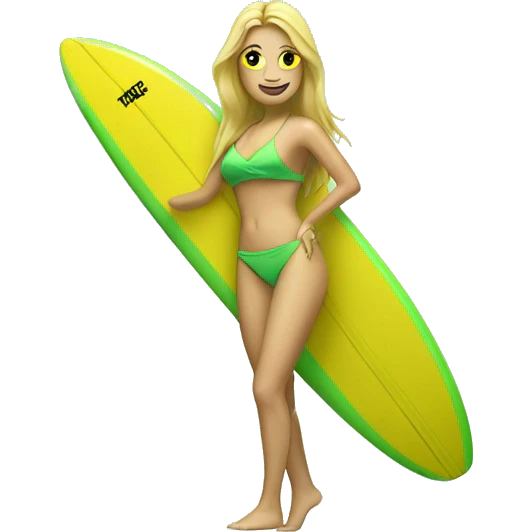 white girl in bikini surfing green yellow surf board emoji