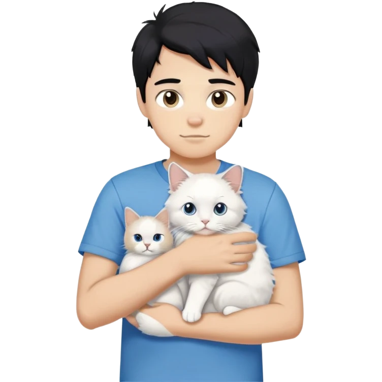 teenage boy with black hair wearing blue short sleeve shirt holding a white ragdoll cat emoji