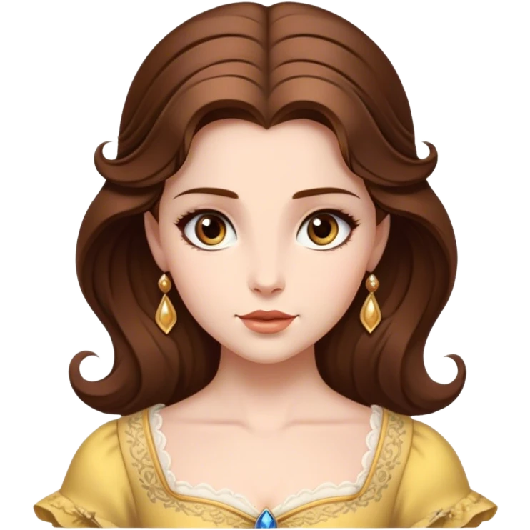 Cinematic Realistic Belle Portrait, depicted with lifelike skin texture, soft natural lighting, and intricately detailed brown hair styled elegantly. Her deep, expressive eyes exude warmth and intelligence, complemented by a serene and graceful expression. She is dressed in her classic attire, with rich fabric textures and delicate folds that catch the light beautifully. The portrait features a soft, enchanting glow with a natural, radiant finish, capturing the essence of timeless beauty in a realistic and painterly style, evoking a sense of depth and authenticity. emoji