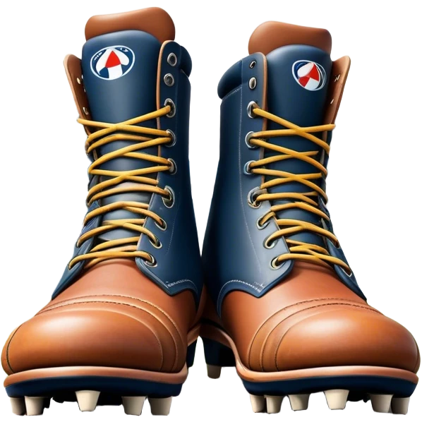 Cinematic Realistic image of a pair of AFL boots, showcasing detailed leather stitching and a rugged sole with fine cleat impressions, captured against a blurred stadium background with high-energy, dynamic lighting emoji