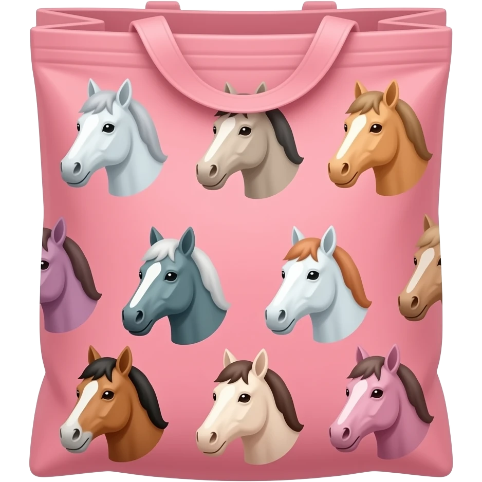Generate a horse head inside a bag. Give it more heads and make the bag pink (1). make it look like an 2d artwork. The horses really should look like they werte painted emoji