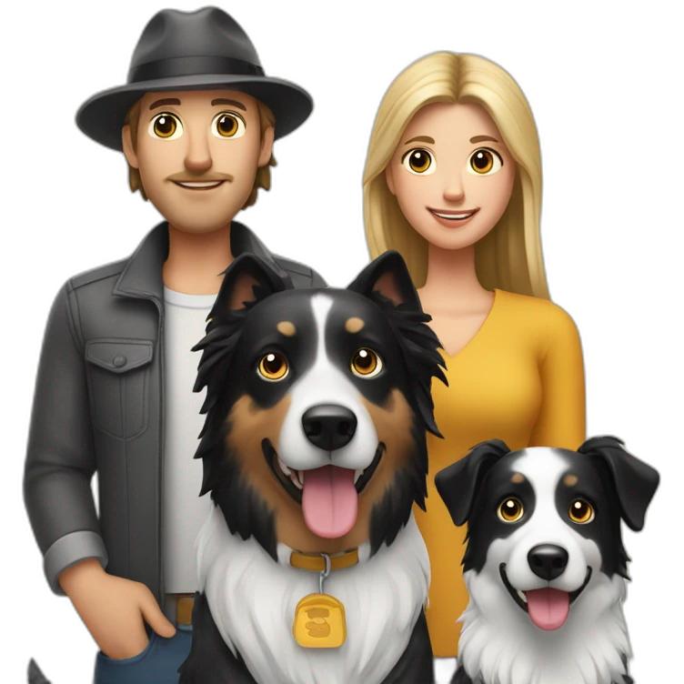 white family group consisting of man in hat and woman with ponytail long hair and small black border collie dog emoji