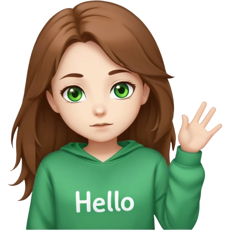 Chibi girl with green eyes, long brown unruly hair, S-With shaped eyebrows. Dressed in a sweatshirt. Says hello.  emoji