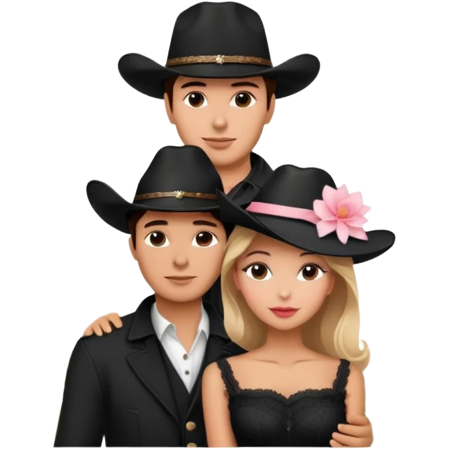 Couple black cowboy hat and beautiful elegant woman with Eiffel Tower in the background with pink delicate flowers emoji