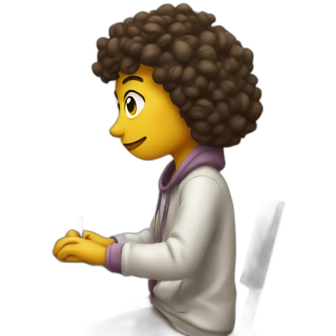 An artist sits at a computer and draws emoji